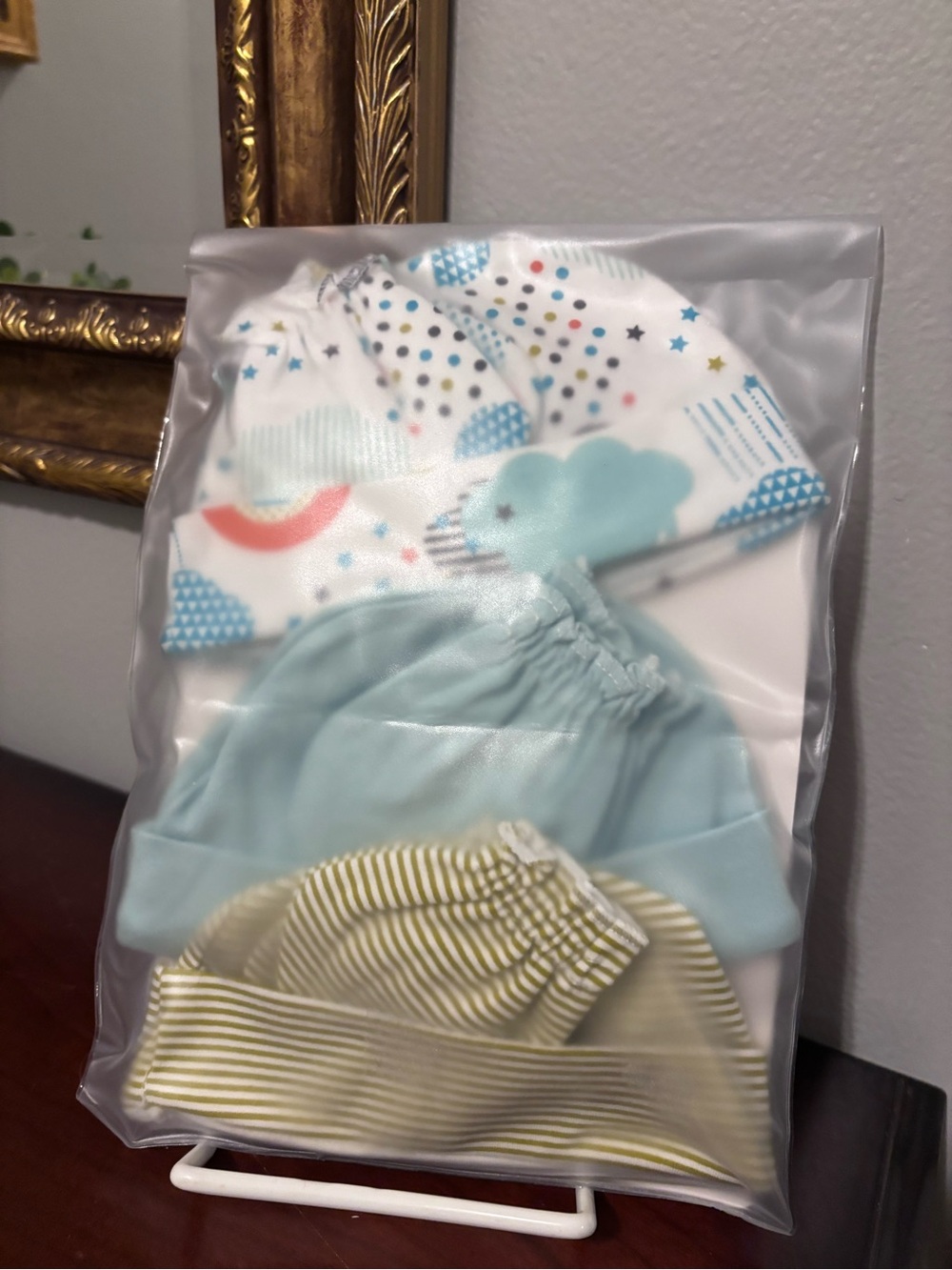 Colorland 3-Pack Cotton Baby Beanie Hats and mittons/gloves.